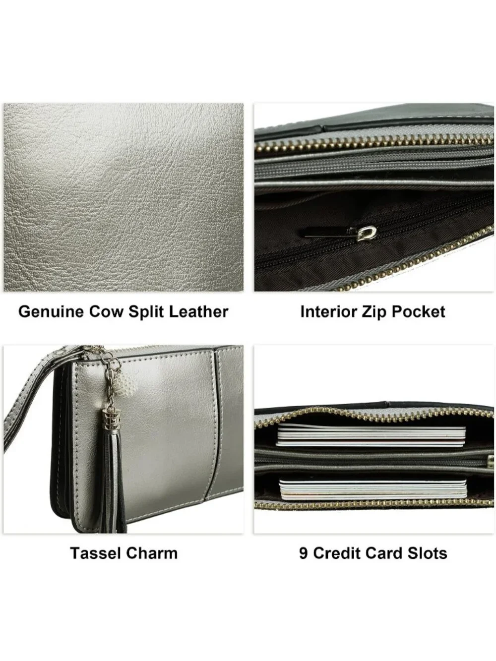 Women's Warm Silver Leather Wristlet Clutch Wallet redit Card Holder Purse